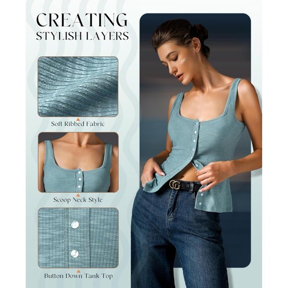 Adorpop Womens Bluish Grey Ribbed Sleeveless Blouses Button Down Henley Shirts - Picture 4 of 5